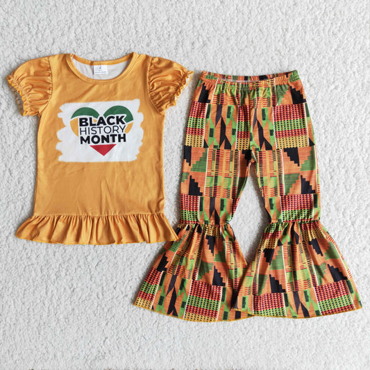 juneteenth Black History month letters girl rhombus yellow orange short sleeve bell bottom outfit