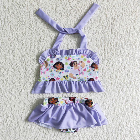 cartton magical dance girl butterfly flower ruffles girls purple swimsuit swimwear 0331