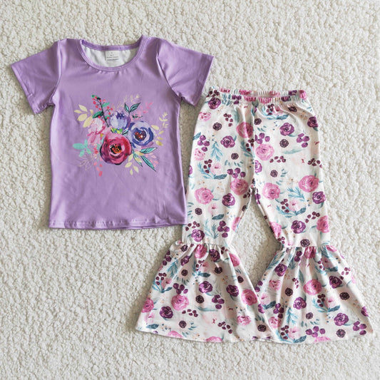promotion RTS E7-3 purple flower short sleeve bell bottom pant girl outfit 0720