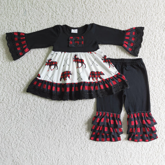 promotion 6 B4-1- RTS christmas elk bear flare long sleeve ruffle pant girl outfit 11