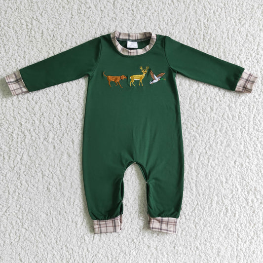 LR0107 plaid Christmas bird deer long sleeve green EMBROIDERY baby boy romper 0903 RTS