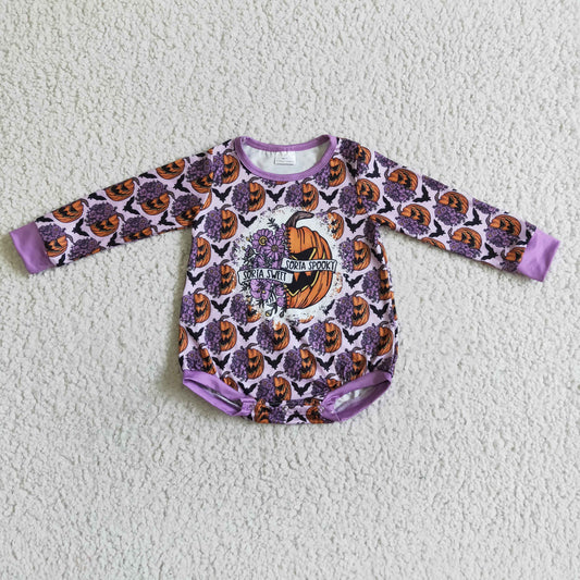0812 RTS LR0079 orange pumpkin flower bat halloween purple long sleeve baby boy bubble romper