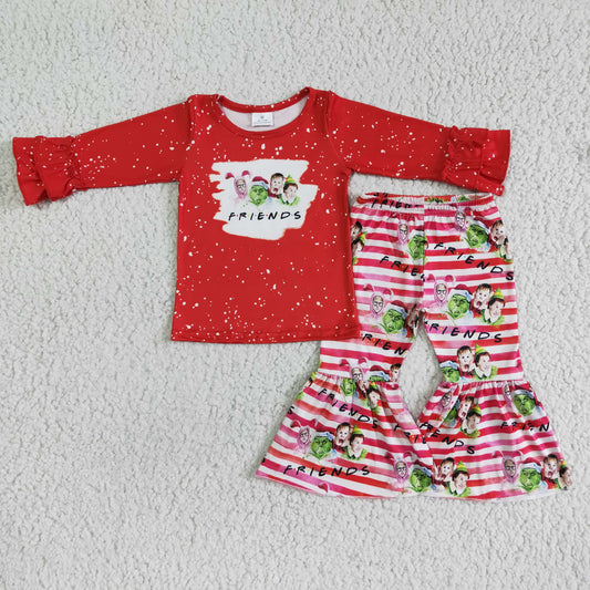 promotion 6 C6-17 RTS friends christmas green cartoon red white stripe long sleeve bell bottom pant outfits 0601
