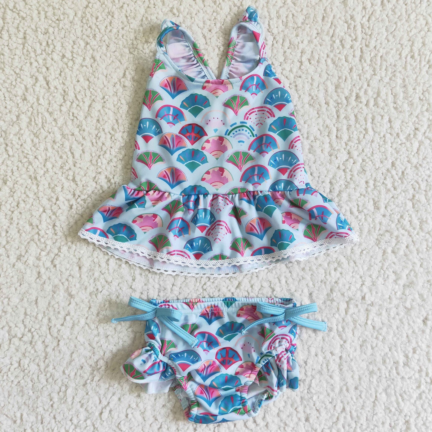 RTS pink green fish scale mermaid ruffle gallusus  silk ribbon swimsuit swimwear 0608