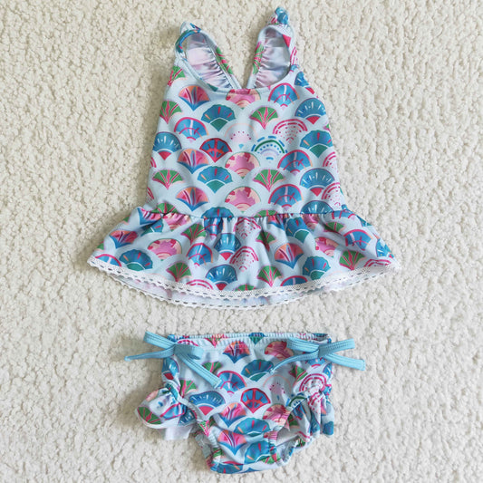 RTS pink green fish scale mermaid ruffle gallusus  silk ribbon swimsuit swimwear 0608