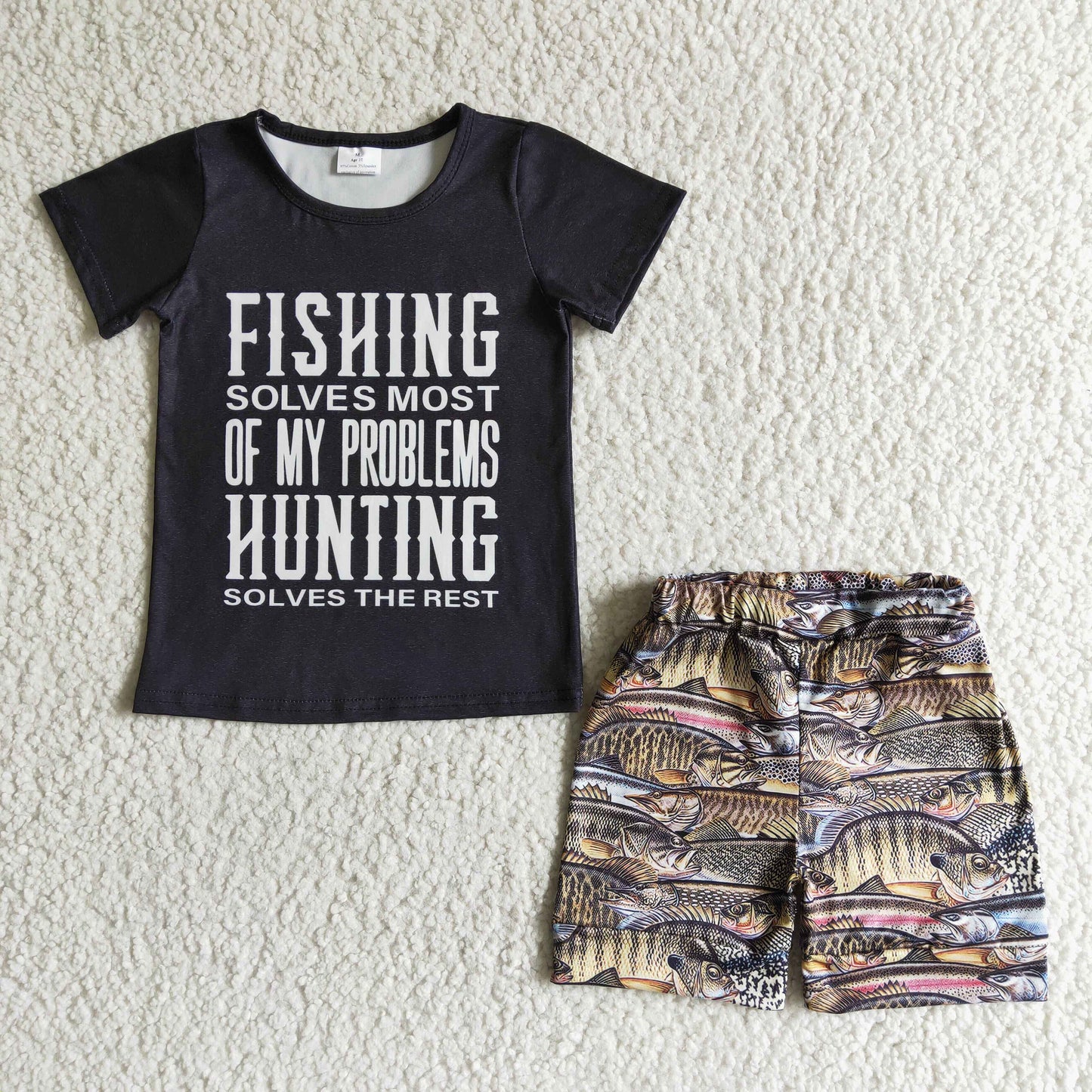 BSSO0012 RTS fishing hunting letters black short sleeve shorts boy outfits 20230411 RTS