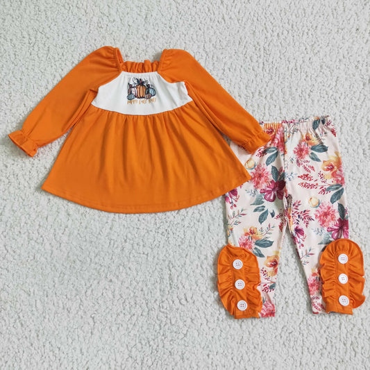 RTS 0705 halloween orange pumpkin long sleeve girl outfit flower ruffles pants