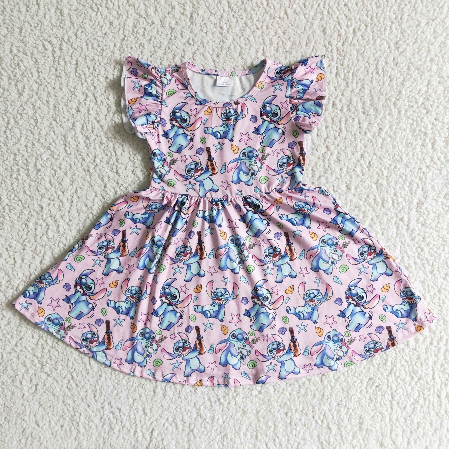 promotion GSD0012 RTS 0602 pink cartoon baby guitar print flutter short sleeve dress