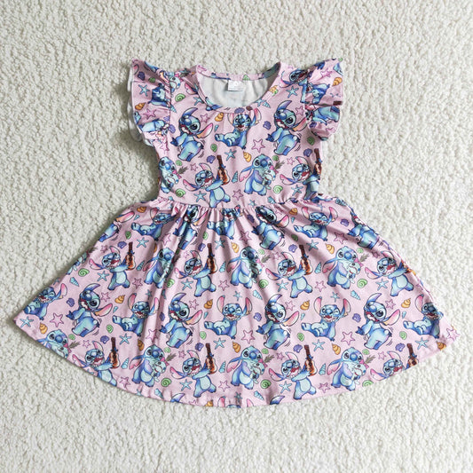 promotion GSD0012 RTS 0602 pink cartoon baby guitar print flutter short sleeve dress