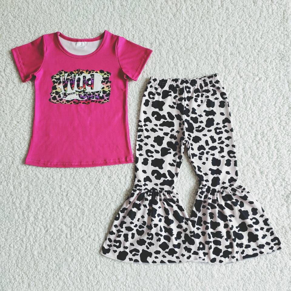 promotion B7-30 wild letters hot pink leopard print short sleeve bell bottom girl outfits