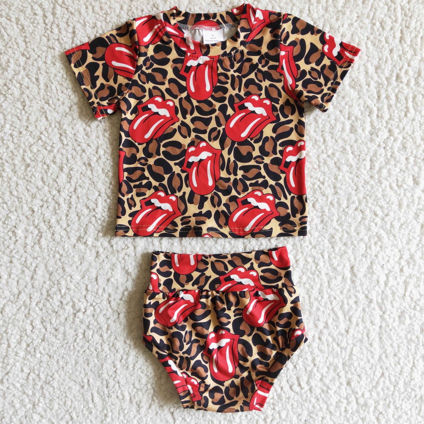 western clothes red tongue leopord print summer girl outfit short sleeve 2pcs bummies outfits 0406