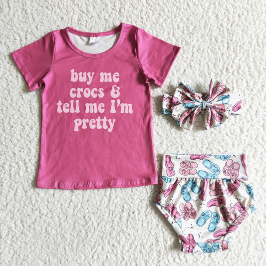 promotion 3PCS(choose headband below) pink top buy me slipper print short sleeve shorts girl outfits 0309