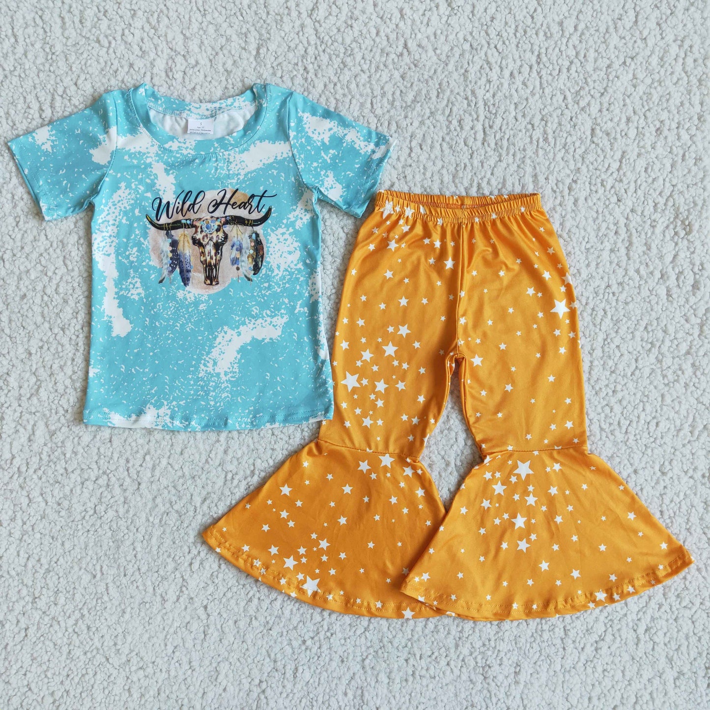 promotion A12-2 blue dot wild cow letters yellow star short sleeve bell bottom pant girl outfit 20230116 RTS