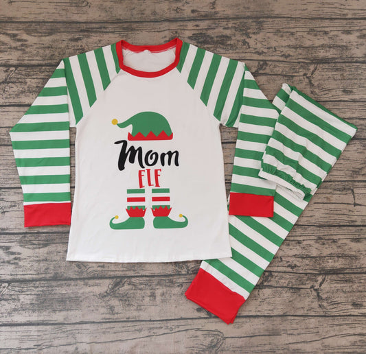 green stripe Christmas  long sleeve  adult mom fit pajamas outfit set 1013 RTS