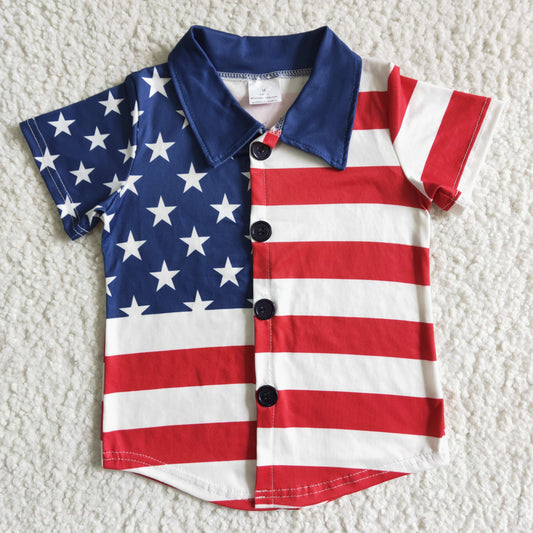 B17-19  star stripe 4th Julyblue red button boy short sleeve top 20230631
