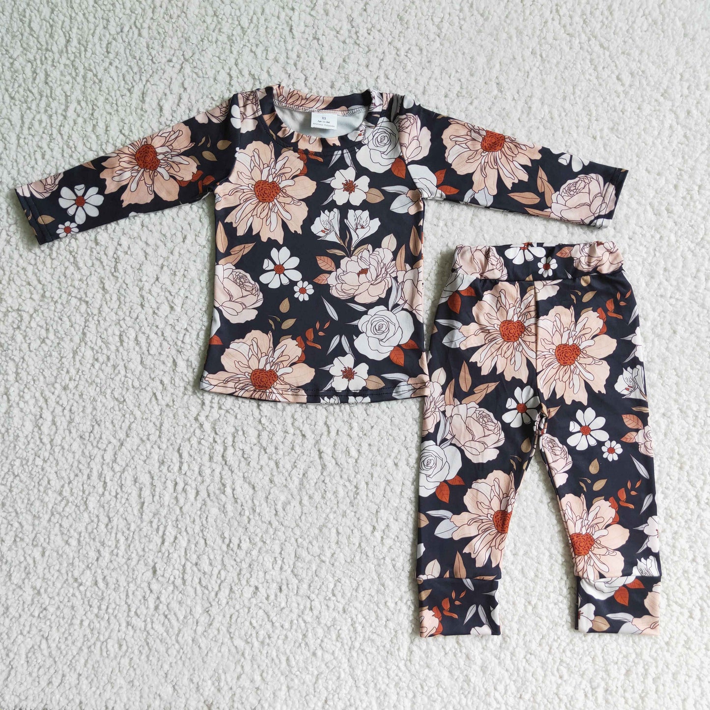 promotion GLP0194  RTS black pink flower long sleeve girl pajamas outfit