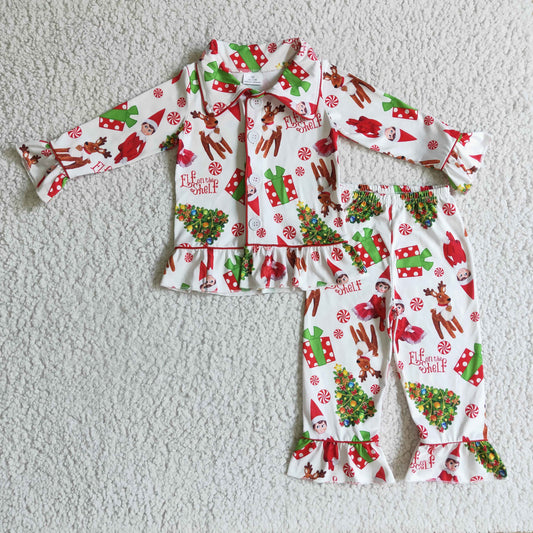 6 C8-38  elf Christmas cartoon santa collar long sleeve GIRL pajamas outfit