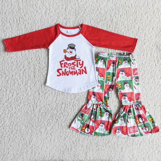 Christmas girl red raglan cartoon frosty snowman long sleeve bell bottom pants outfits