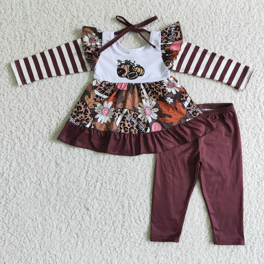 0825 RTS embroidery leopard pumpkin car stripe long sleeve orange ruffle pants girl outfit Halloween