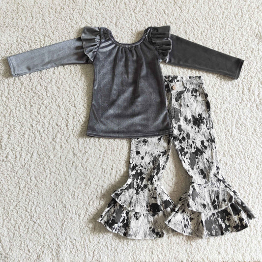 GT0063 velvet grey jeans long sleeve girl outfit 1029 RTS