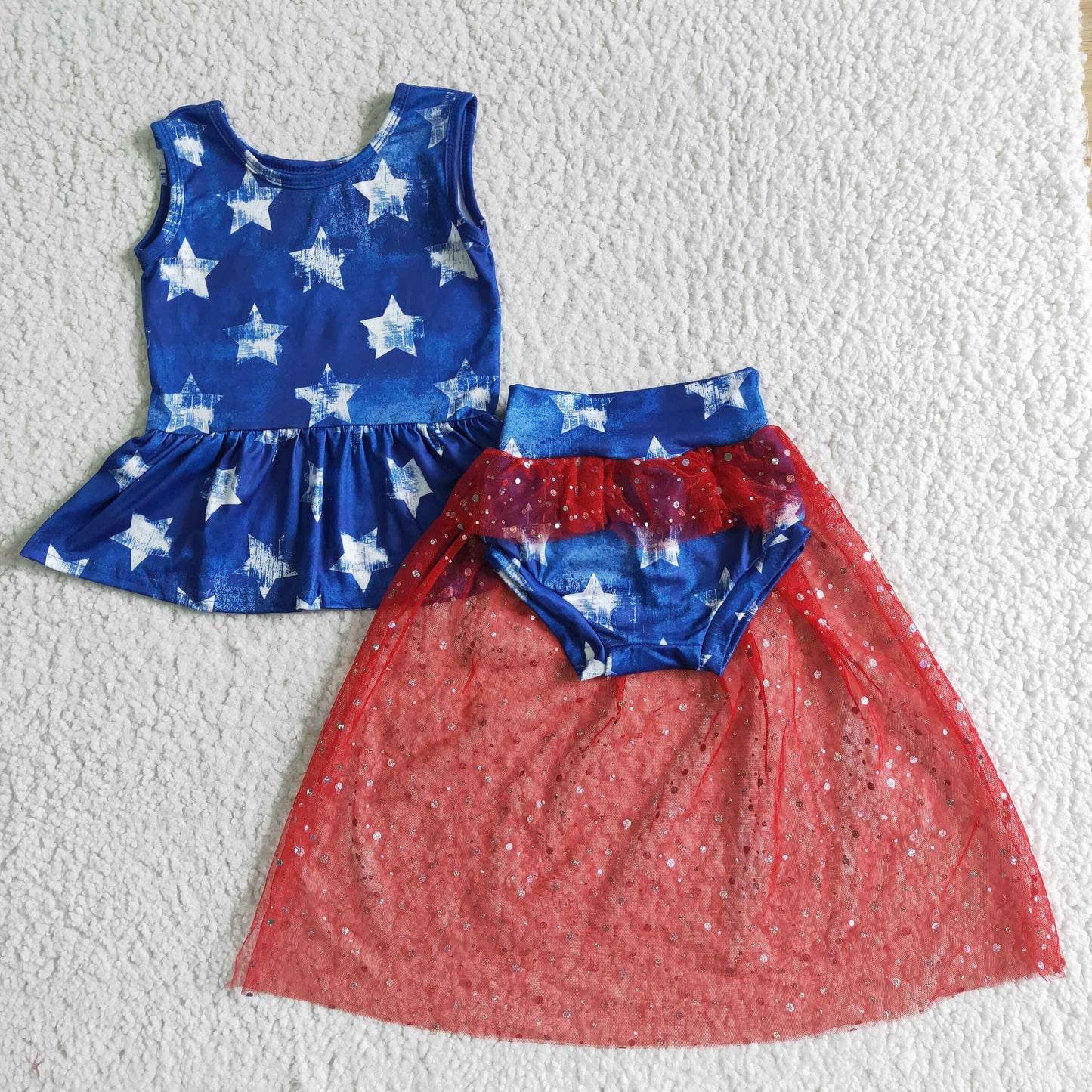 promotion price GBO0027 4th American national girl blue white stars short sleeve red Tulle gauze gauzy bummie outfit 0414