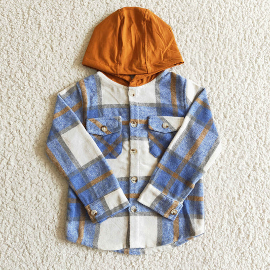 BT0074 blue plaid shirt long sleeve Cotton pullover boy hoodie top 1029 RTS