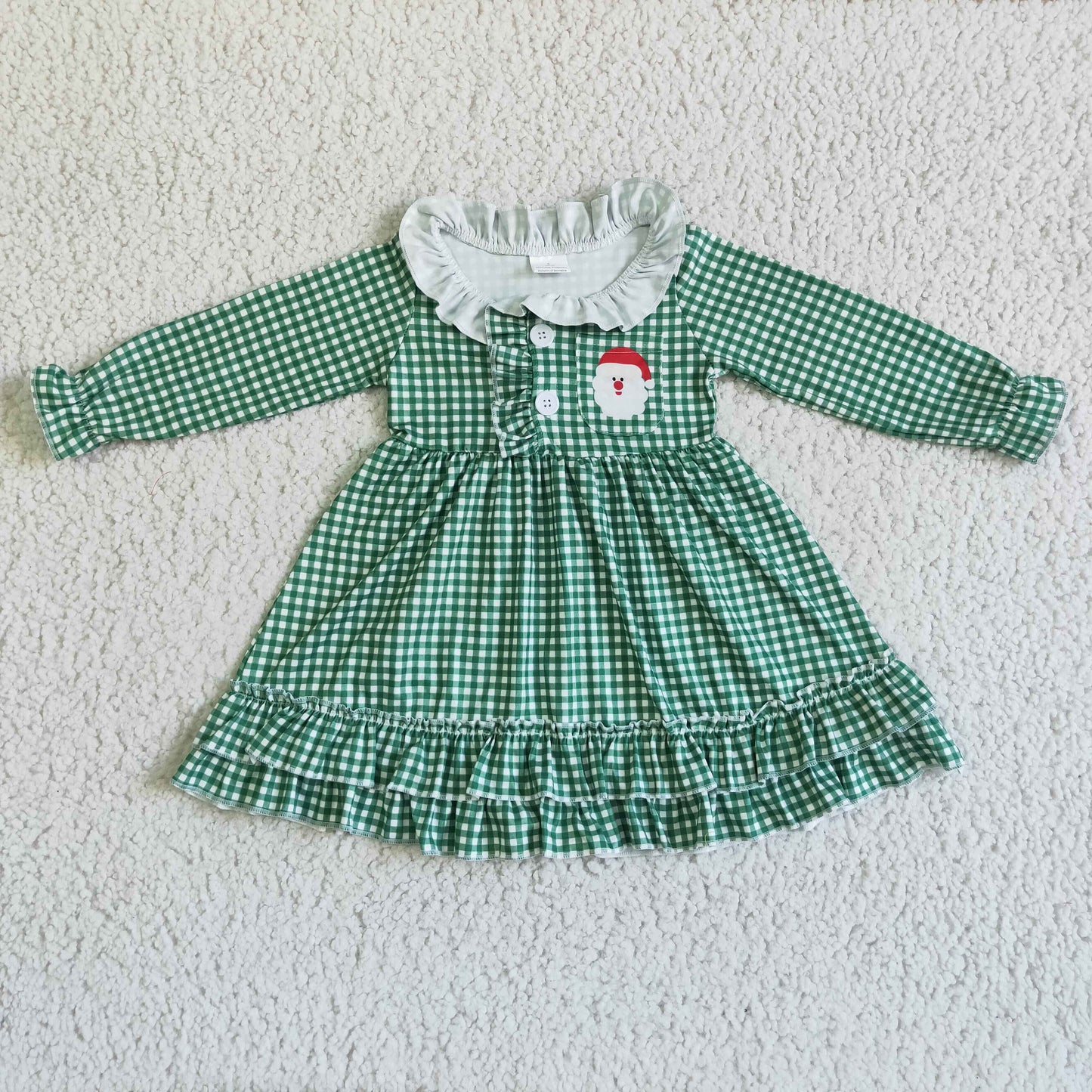 6 C10-7 Christmas girl cute santa pocket cartoon green plaid lace long sleeve dress 20230628  RTS
