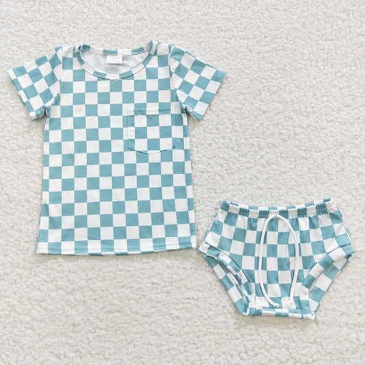 GBO0140 checkerboard plaid print short sleeve girl bummie outfit 20230421 RTS