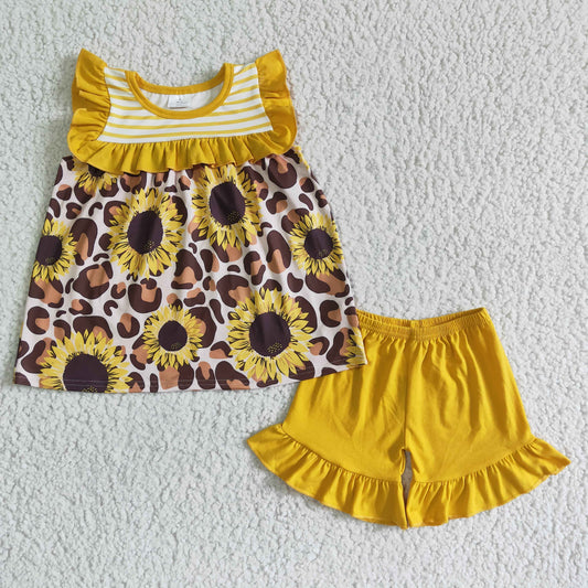 promotion RTS sunflowers stripe print ruffles yellow short sleeve shorts girl outfits 0621