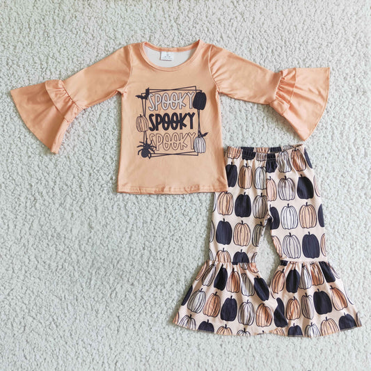 RTS 0816 halloween pumpkin oange long sleeve  pants baby girl outfit