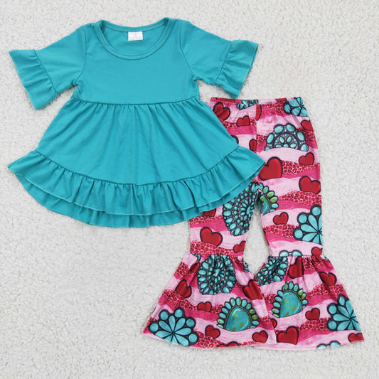 Ruffle RGDPO0237 blue short sleeve gem bell bottom girl outfit 1121 RTS