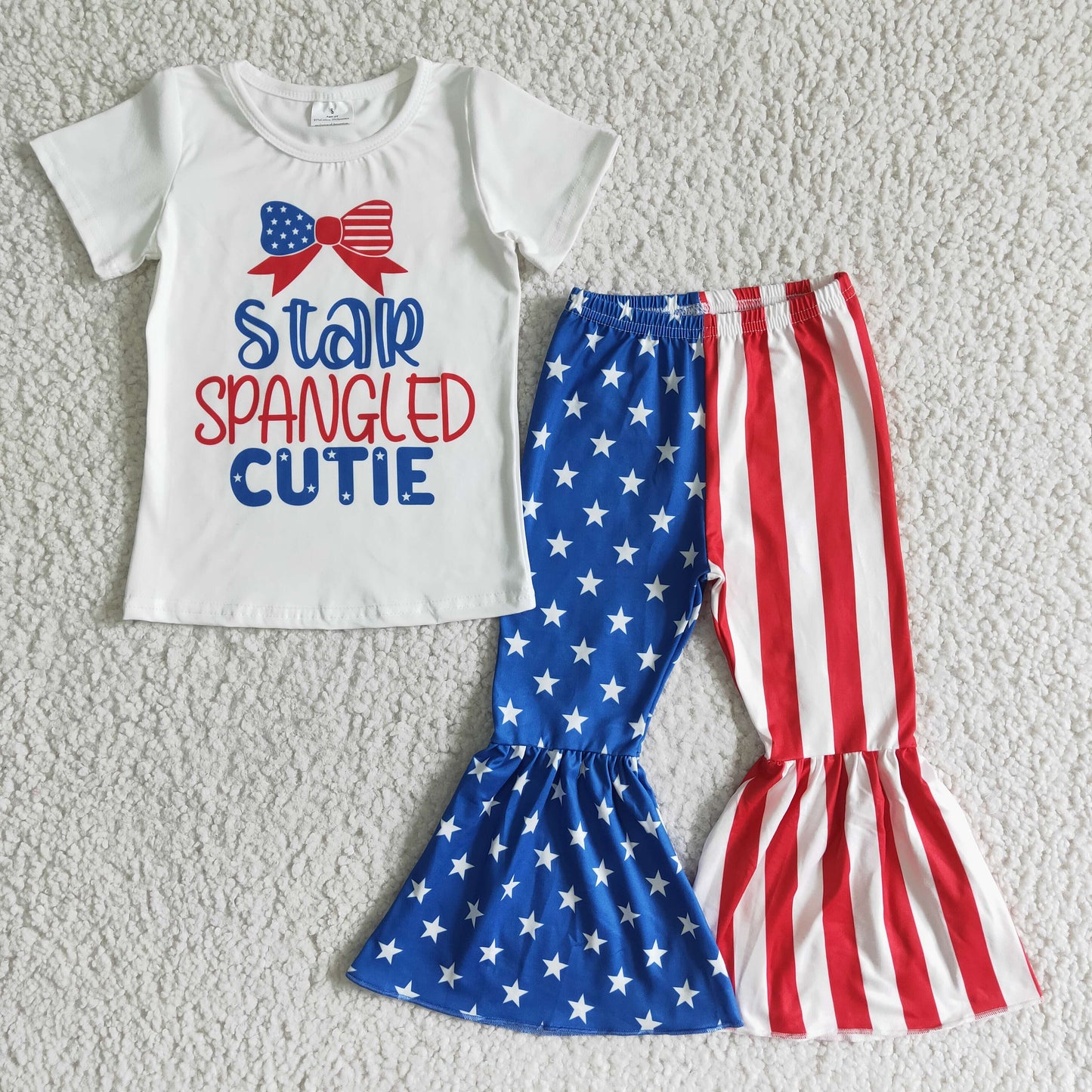 RTS 4th July blue red star spangled cutie letters short sleeve bell bottom girl outfits 20230426 RTS