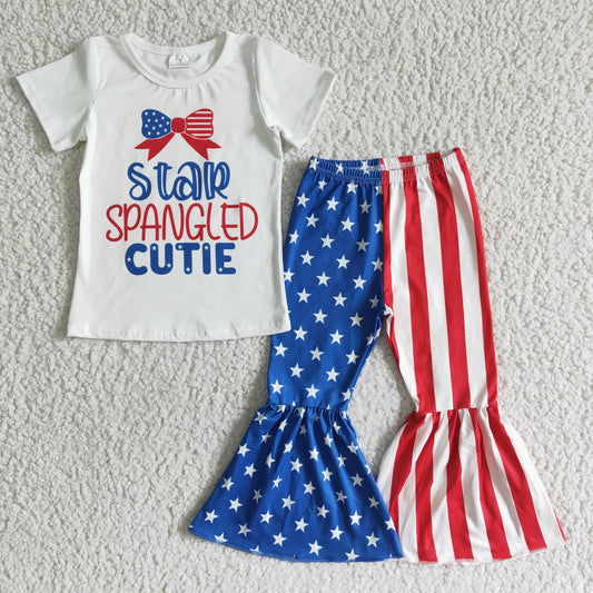 promotion RTS NC0006 4th July blue red star spangled cutie letters short sleeve bell bottom girl outfits 20230426