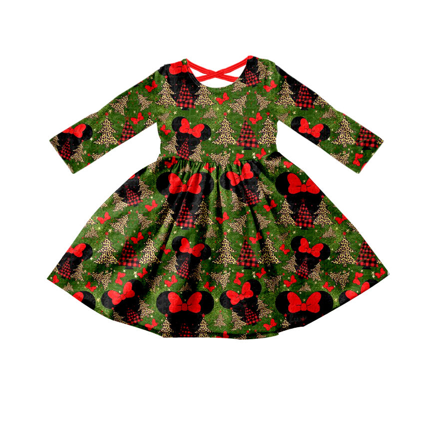 preorder new 0611 crisscross red bow Christmas tree long sleeve  gauze green girl dress