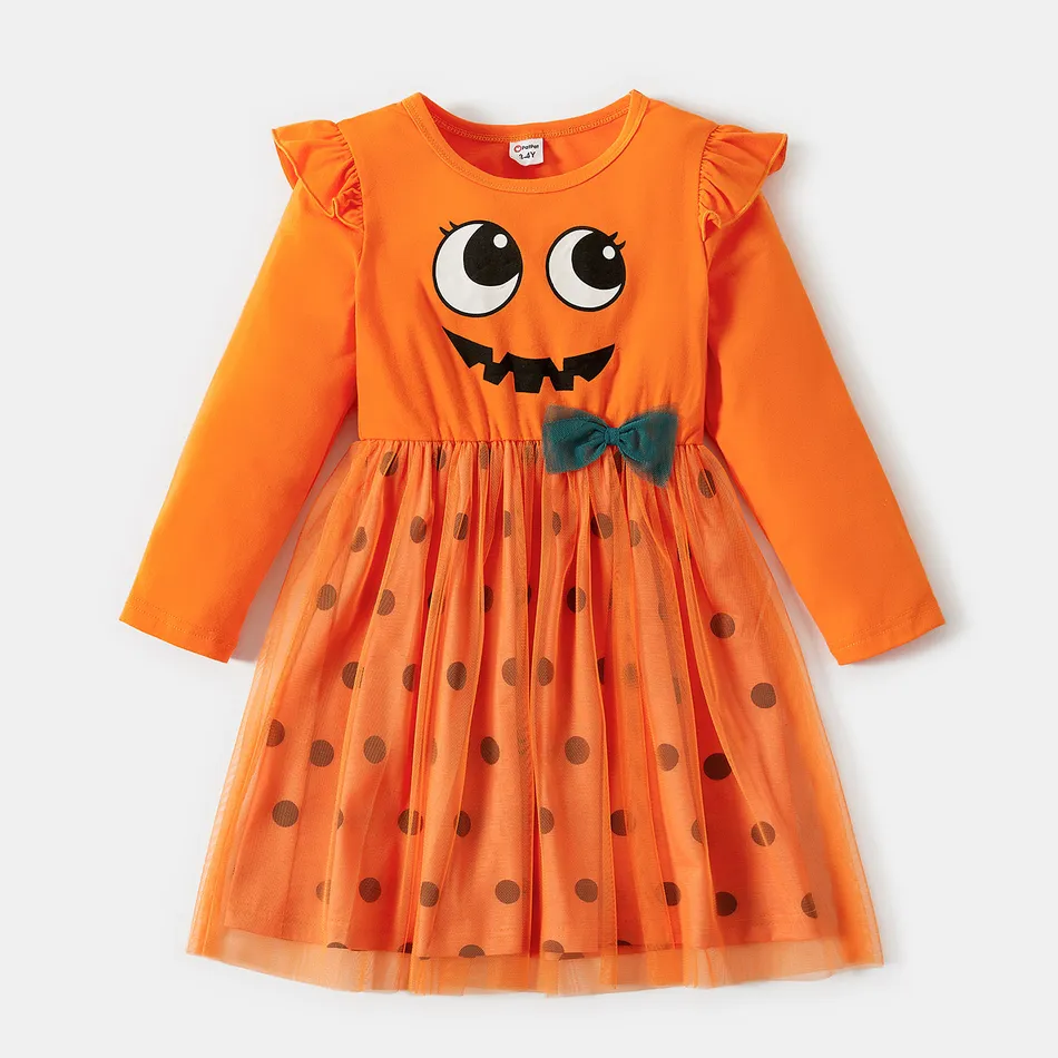 preorder new 0611 bow long sleeve halloween orange pumkin gauze green girl dress