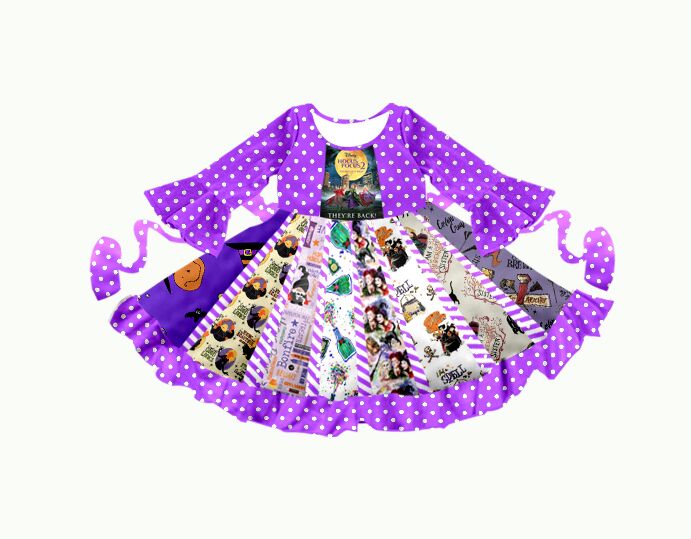 Preorder purple long sleeve moon cartoon print belt girl patchwork dress clothes 0611