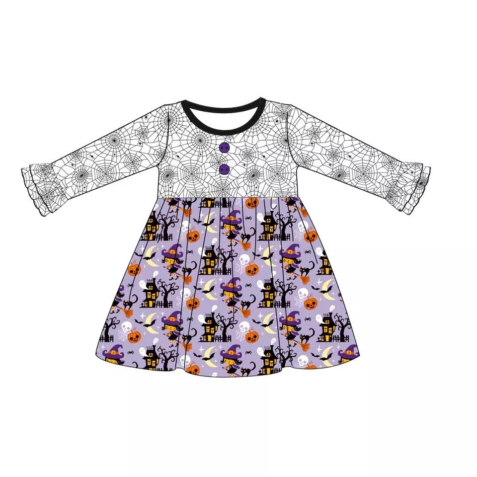 Preorder pumpkin purple dress long sleeve skull bat Halloween pumpkin girl dress 0708