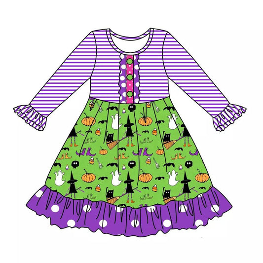 Preorder pumpkin purple stripe dress long sleeve white head Halloween pumpkin girl dress 0708