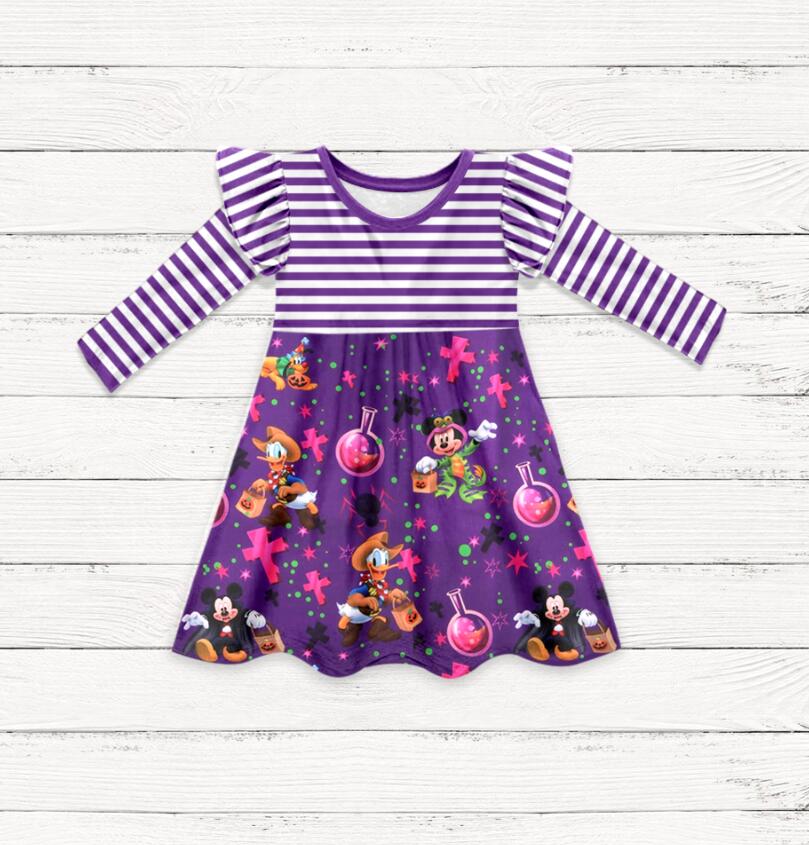 preorder 0709 halloween long sleeve purple stripe mouse pumpkin cartoon girl dress