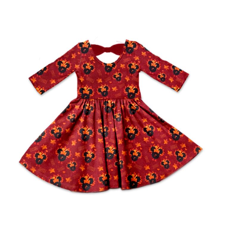 CUSTOM moq 3 red cartoon mouse red leaf long sleeve bow fall girl dress 0711