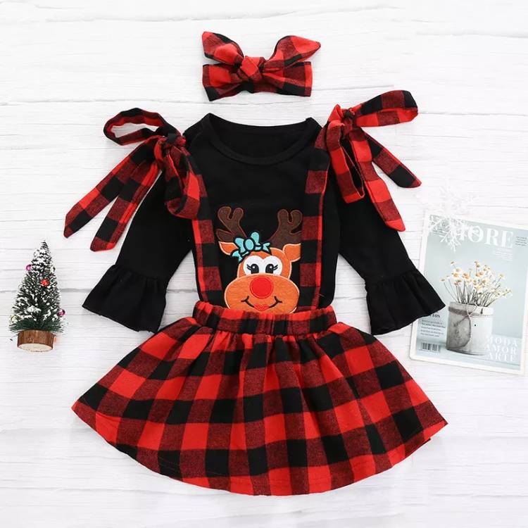 preorder 0711 red christmas cartoom deer long sleeve plaid skirt girl outfit