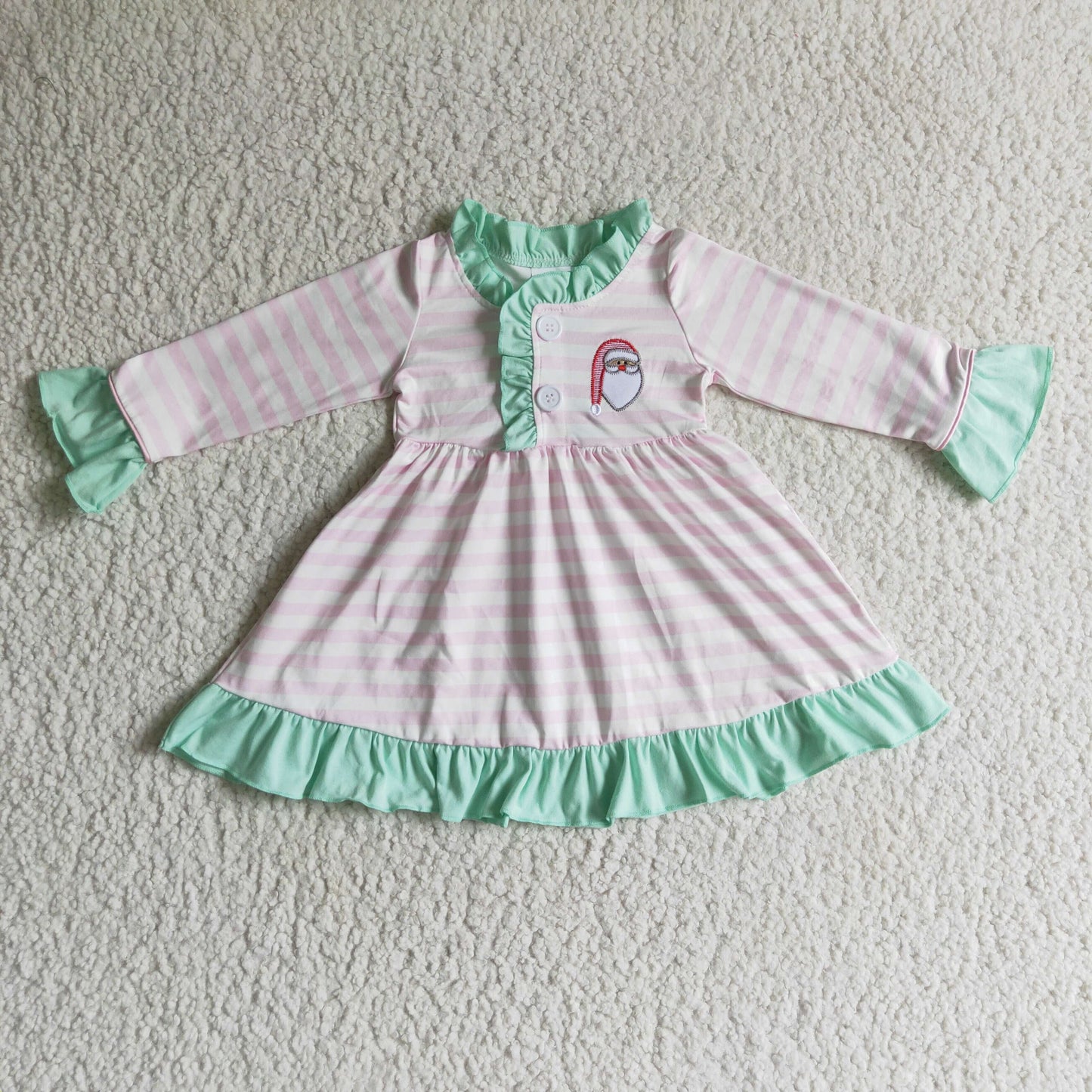 1005 RTS embroidery Christmas Santa green pink stripe long sleeve girl dress pajamas outfit 0805