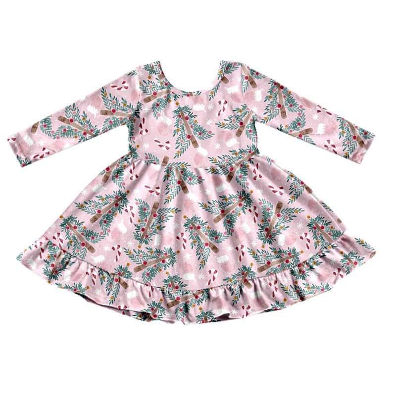 Preorder pink long Christmas tree long sleeve baby girl dress 0714