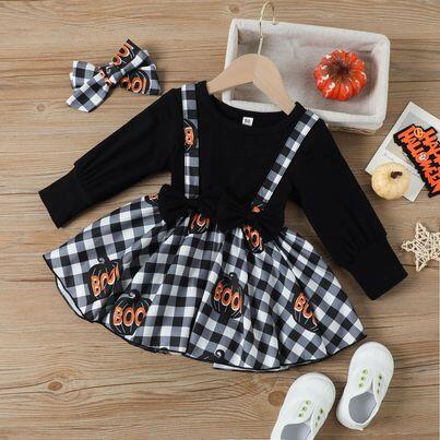 Halloween black long sleeve top cartoon kids plaid skirt overall girl outfit 0720 preorder