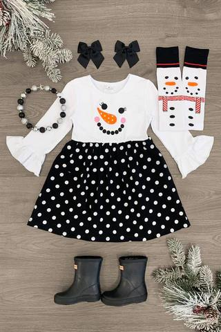 promotion price GLD0119 snowman white black christmas girl long sleeve dress RTS 20230615