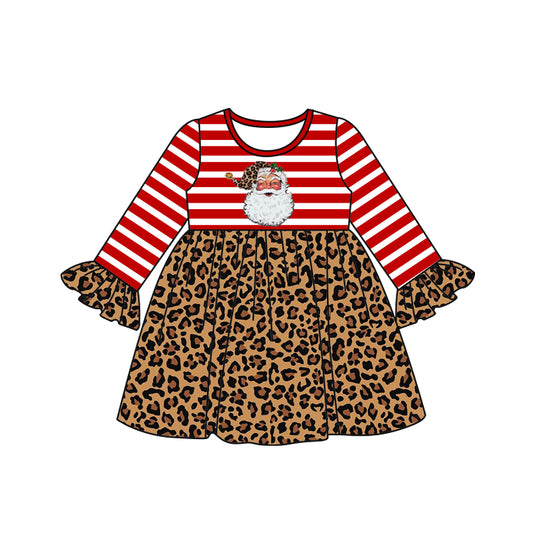 Christmas Santa leopard stripe long sleeve GIRL dress 0917 preorder