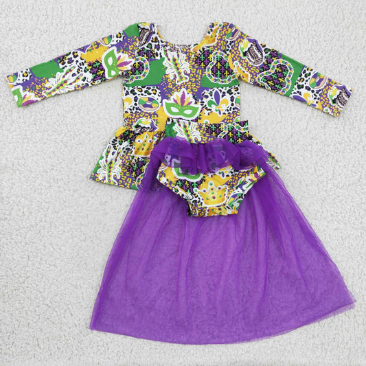 promotion girl GLD0153 Mardi Gras  purple green cartoon long sleeve Tulle gauze bummie outfit RTS 1224