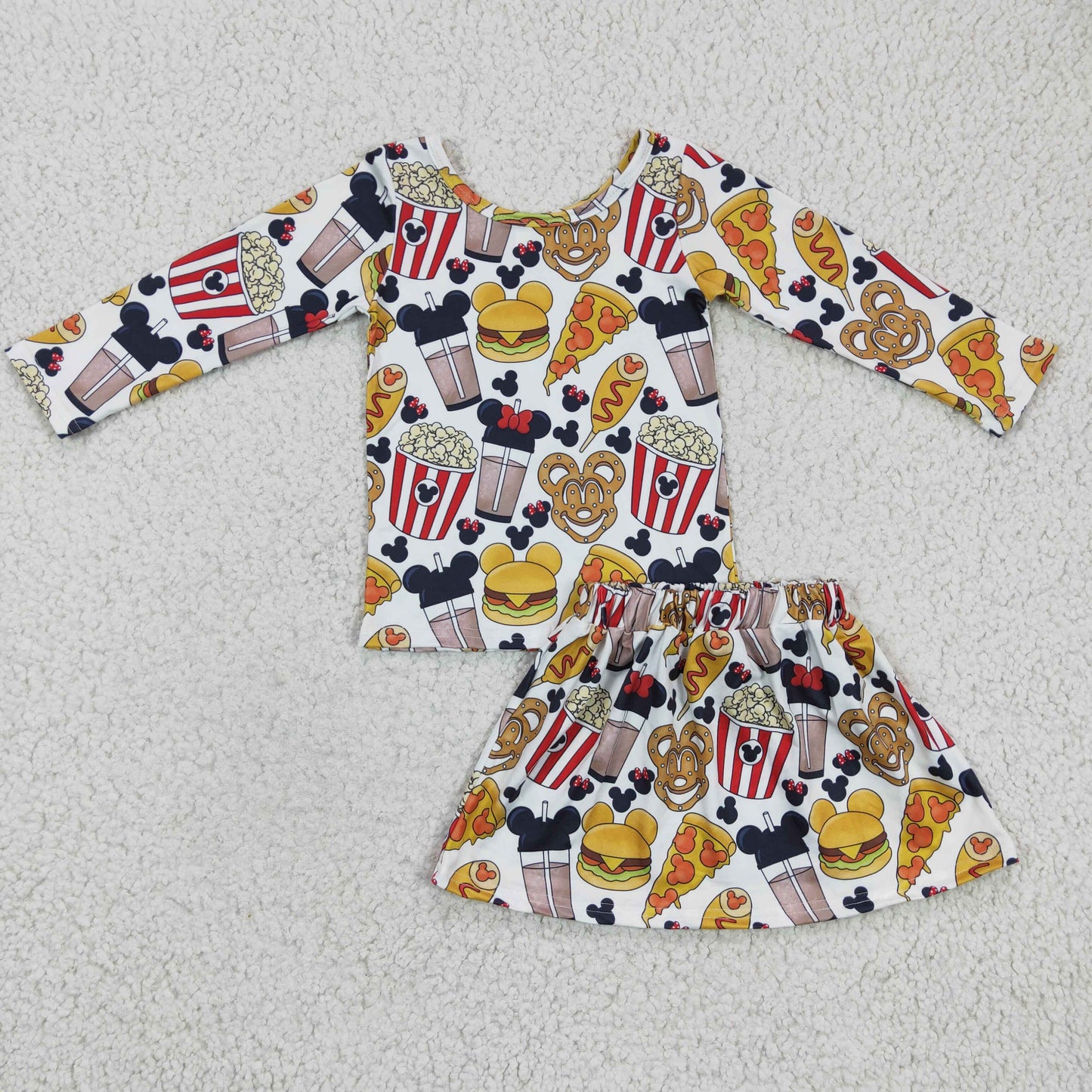 promotion RTS cartoon mouse bread hambeger milk long sleeve girl skirt outfit set GLD0161