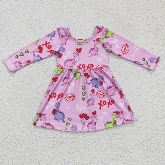 promotion GLD0169 cartoon dinosaur love long sleeve valentina girl dress RTS