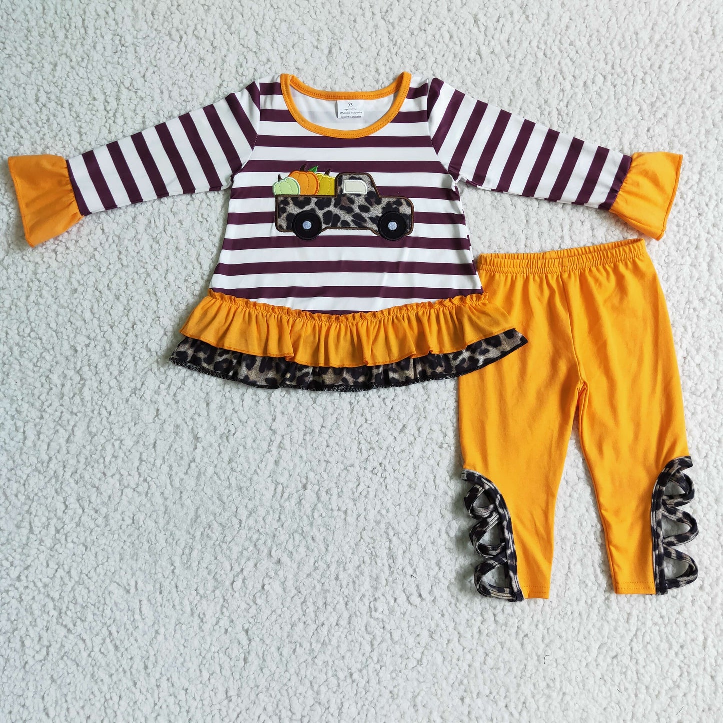 promotion GLP0005 0708 RTS embroidery leopard pumpkin car stripe long sleeve orange ruffle pants girl outfit Halloween